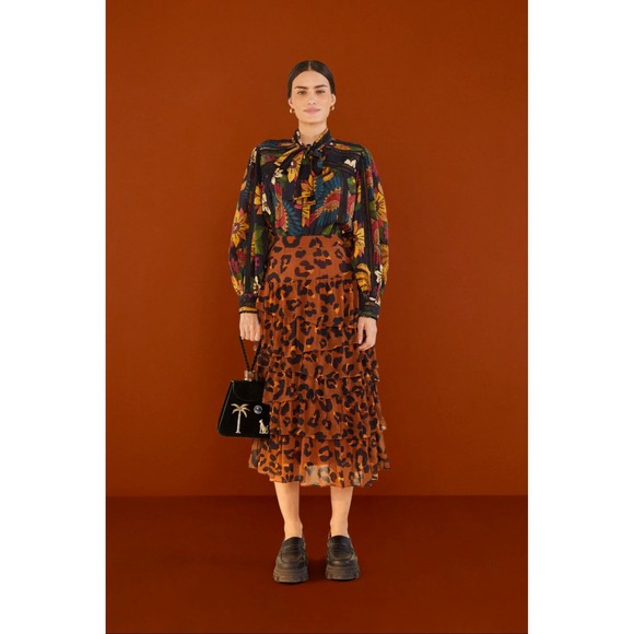 Farm Rio Macaw Ballet Blouse XL Ladder-Stitch Neck-Tie Floral Tropical Print - Picture 3 of 7